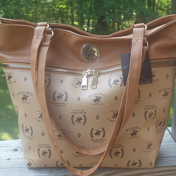 Beverly Hills Polo Club Tan Signature Monogram Faux Leather Tote Bag - Picture 6 of 14